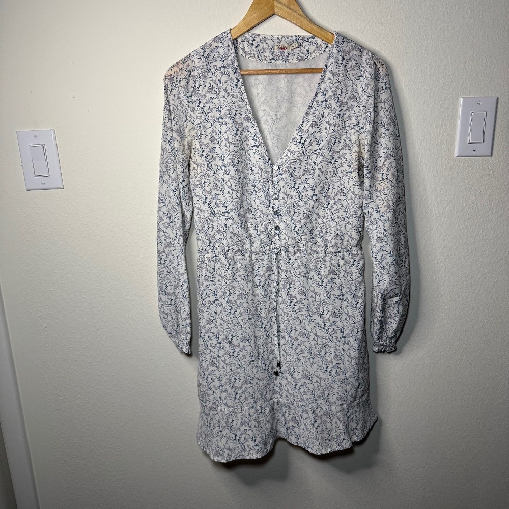 Faherty Dress Women's SM White Blue Purple Floral Mini Cinch Waist Silk